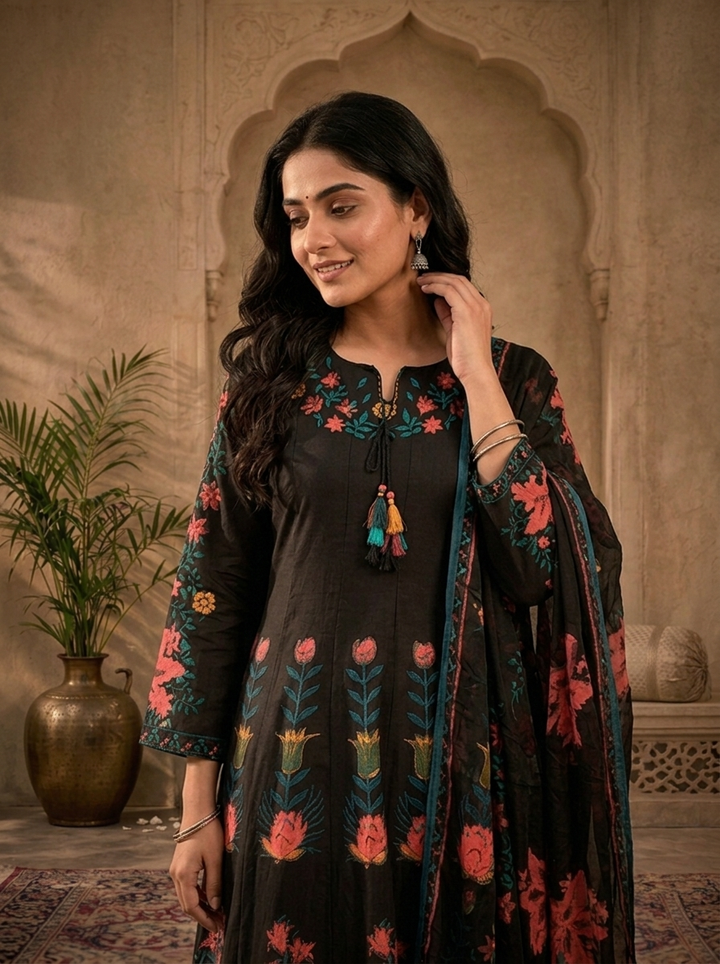 Black Cotton Tulip Floral Printed Three Piece Set