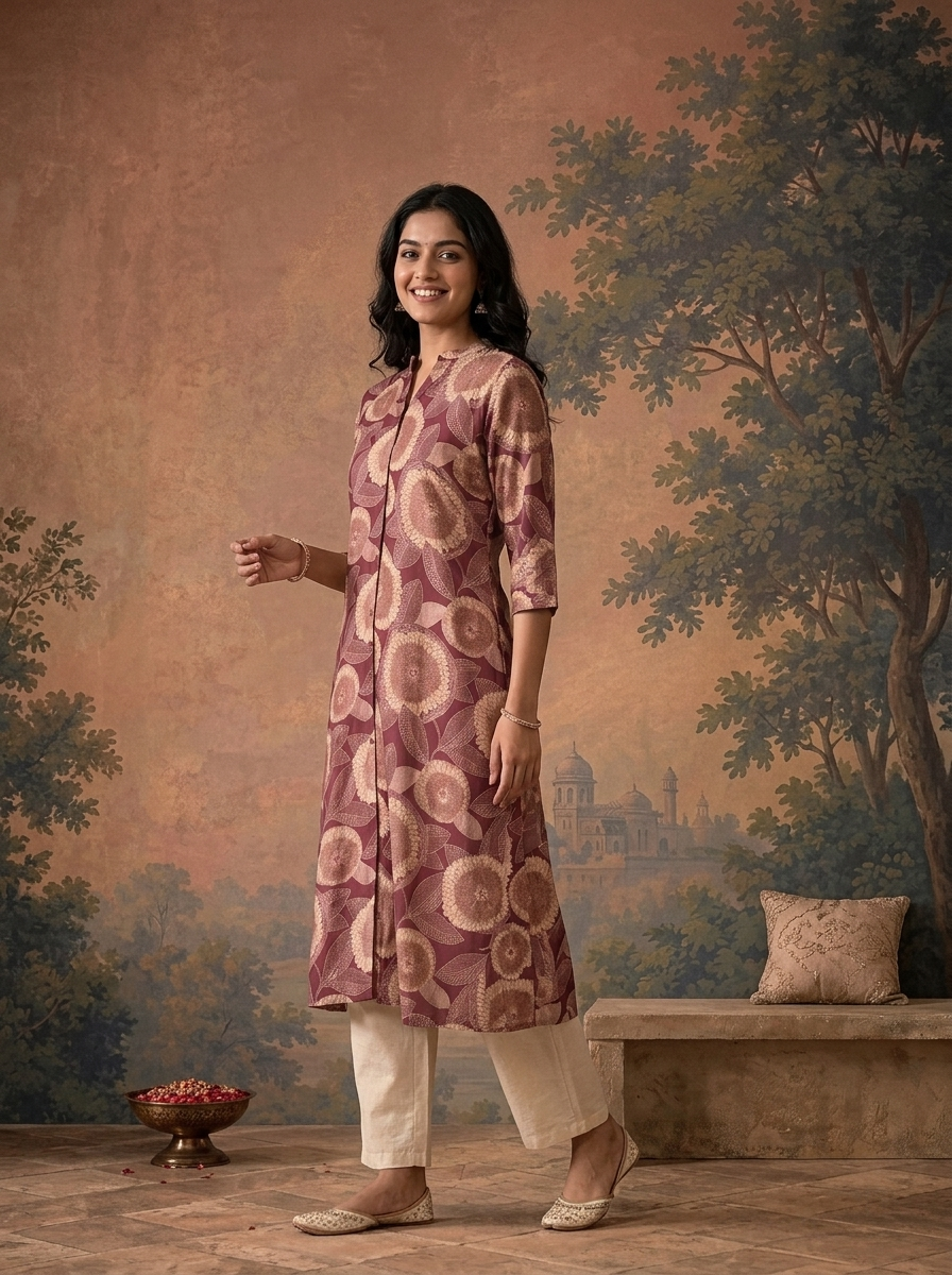 Wine Modal Floral Sunflower Printed Kurta