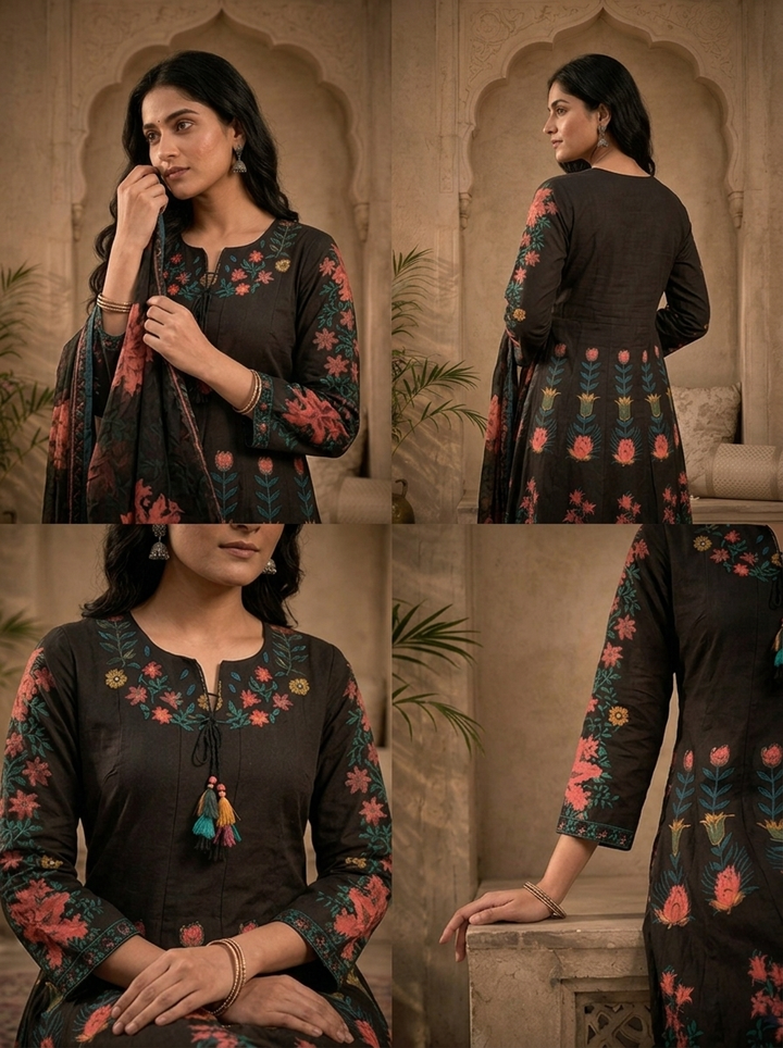 Black Cotton Tulip Floral Printed Three Piece Set