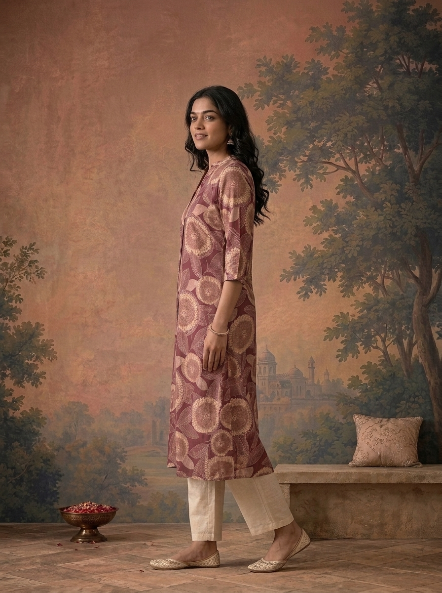 Wine Modal Floral Sunflower Printed Kurta