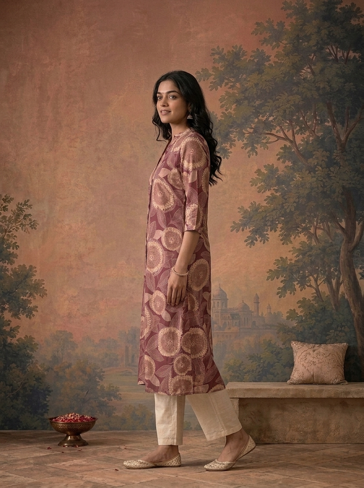 Wine Modal Floral Sunflower Printed Kurta