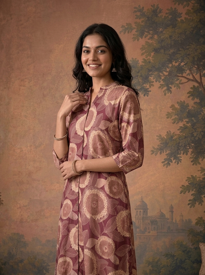 Wine Modal Floral Sunflower Printed Kurta