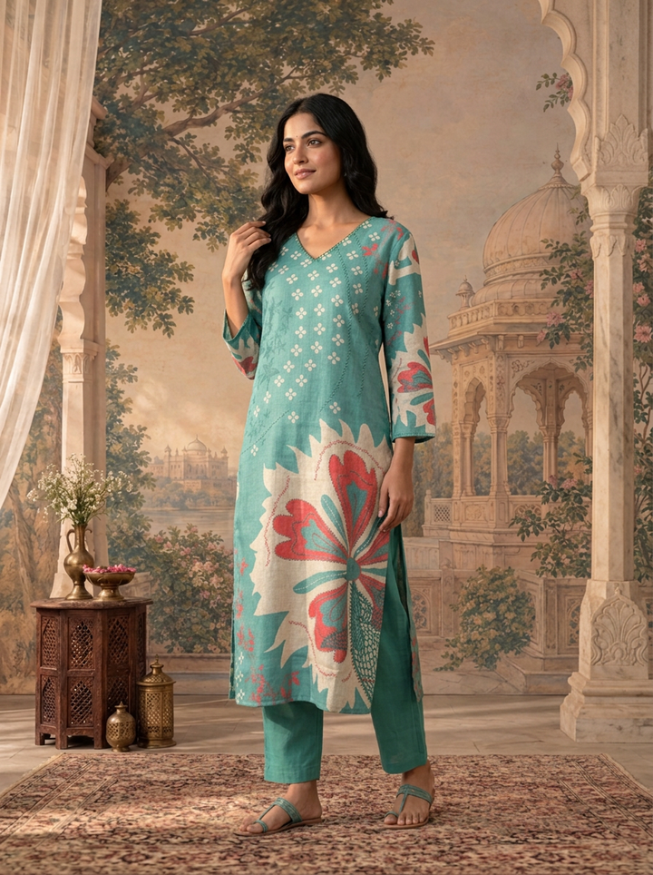 Green Linen Floral Abstract Printed Three Piece Set