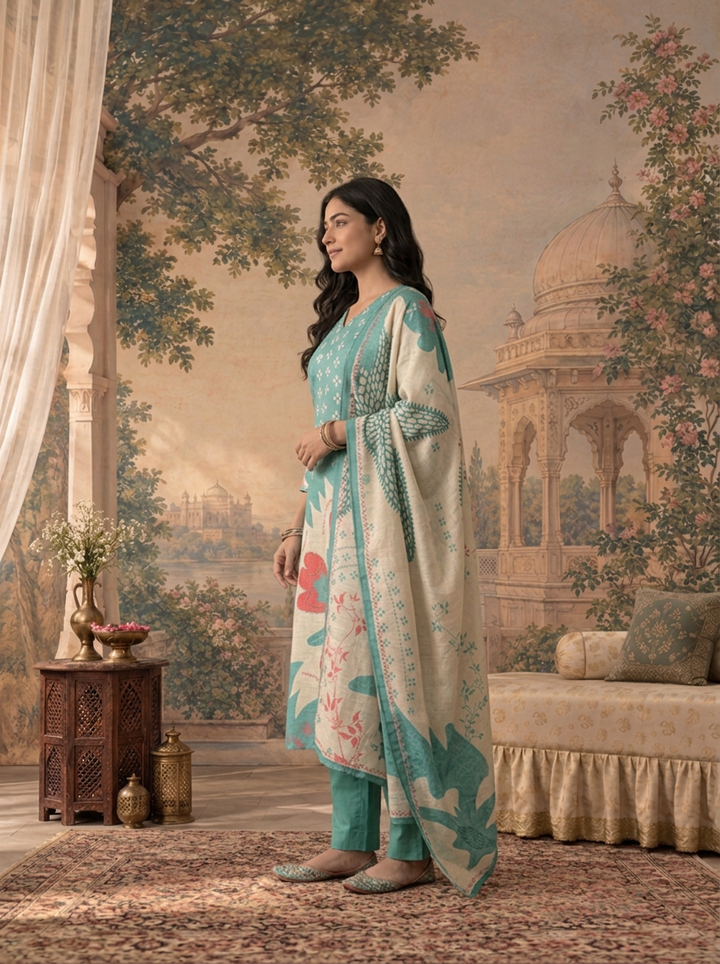 Green Linen Floral Abstract Printed Three Piece Set