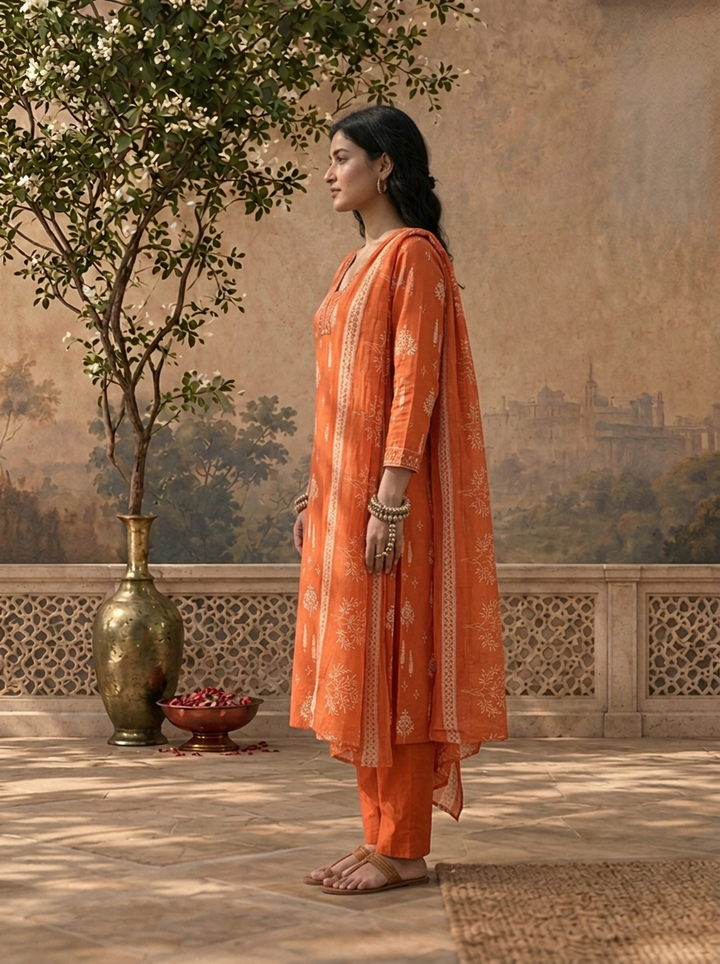 Burnt Orange Cotton Mughal Buti Printed Three Piece Set