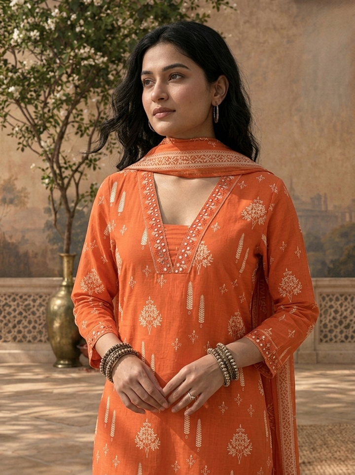 Burnt Orange Cotton Mughal Buti Printed Three Piece Set