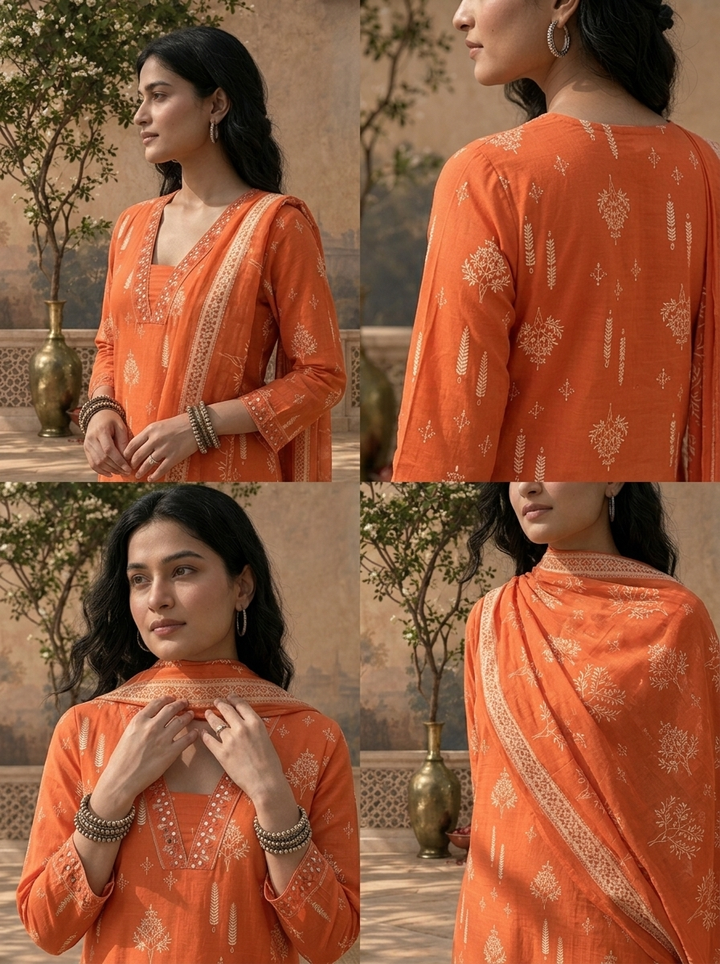 Burnt Orange Cotton Mughal Buti Printed Three Piece Set