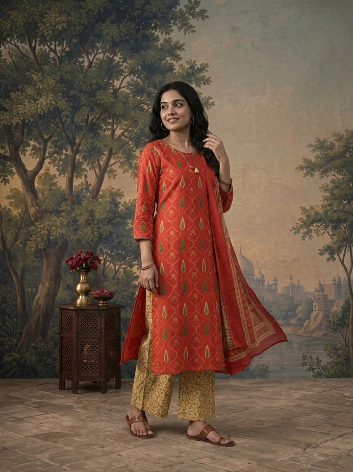 Rust Cotton Jali Fern Mughal Buti Printed Three Piece Set