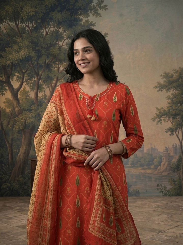Rust Cotton Jali Fern Mughal Buti Printed Three Piece Set