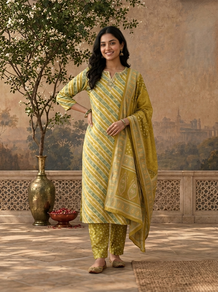 Mustard Green Silk Leheriya Striped Printed Three Piece Set