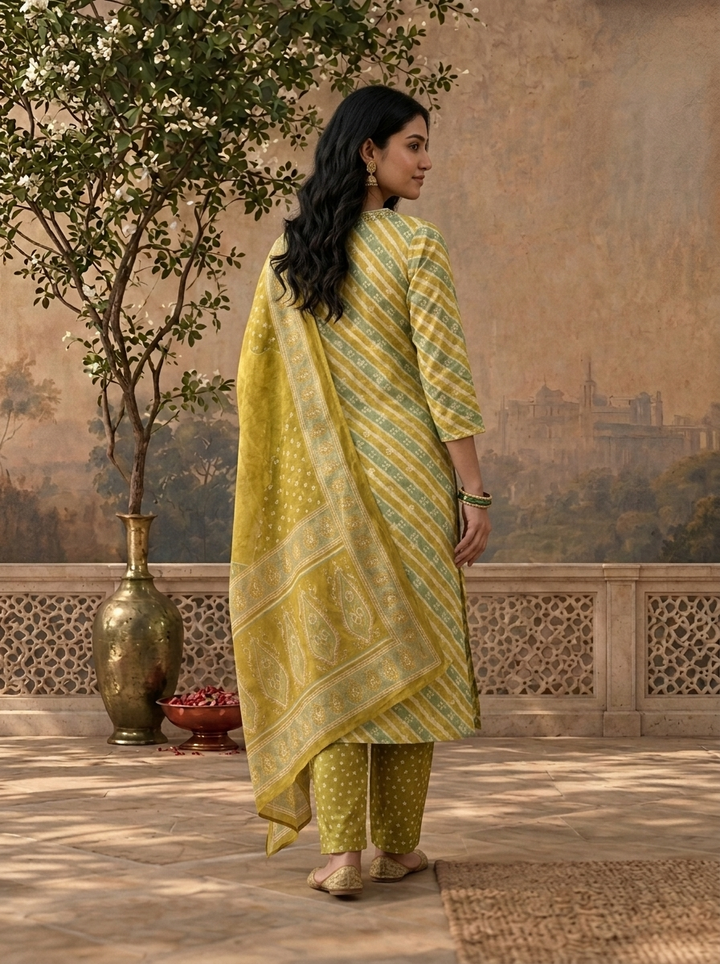 Mustard Green Silk Leheriya Striped Printed Three Piece Set