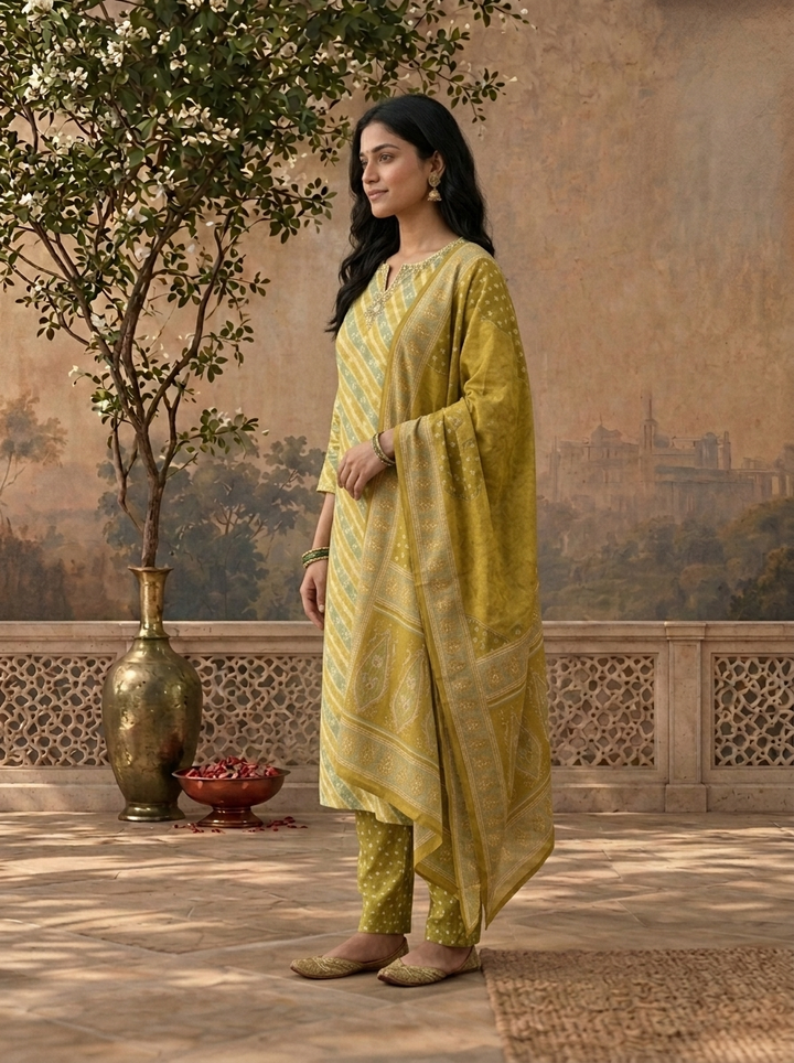 Mustard Green Silk Leheriya Striped Printed Three Piece Set