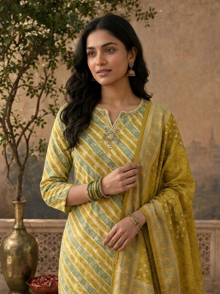 Mustard Green Silk Leheriya Striped Printed Three Piece Set