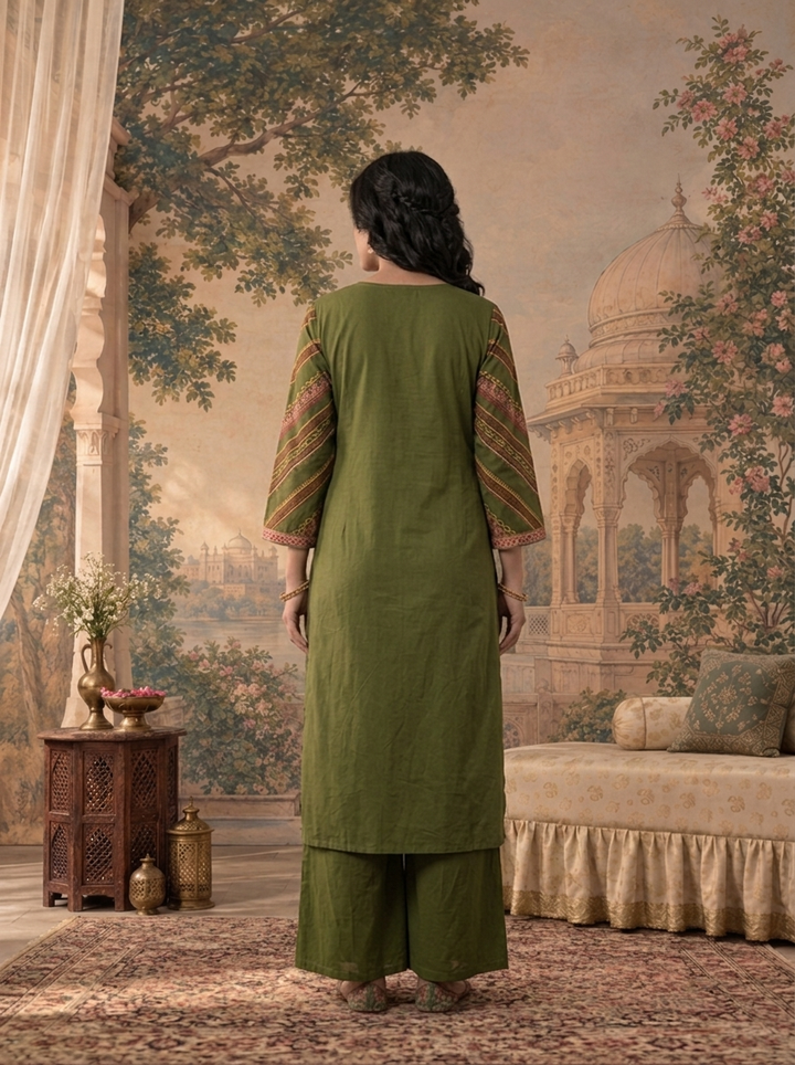 Olive Cotton Batik Mandala Printed Three Piece Set
