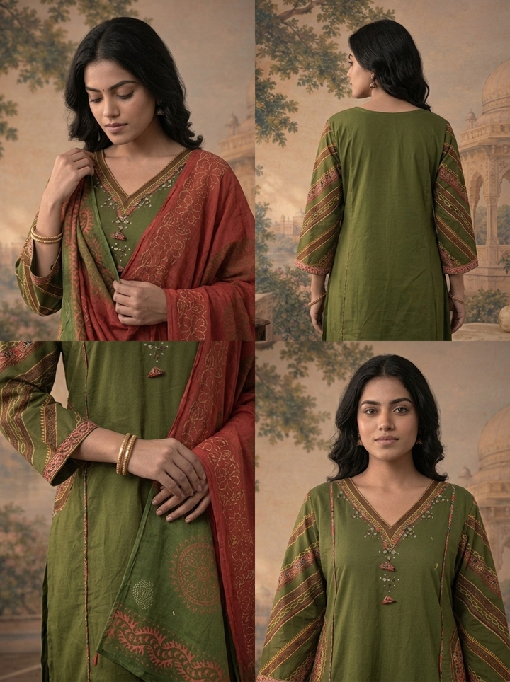 Olive Cotton Batik Mandala Printed Three Piece Set