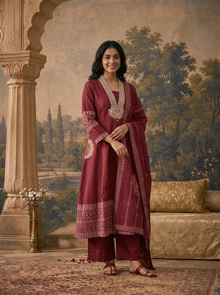 Wine Cotton Solid With Bandhani Printed Three Piece Set