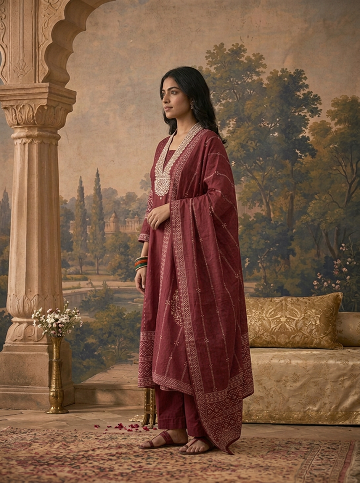 Wine Cotton Solid With Bandhani Printed Three Piece Set