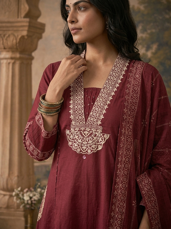 Wine Cotton Solid With Bandhani Printed Three Piece Set