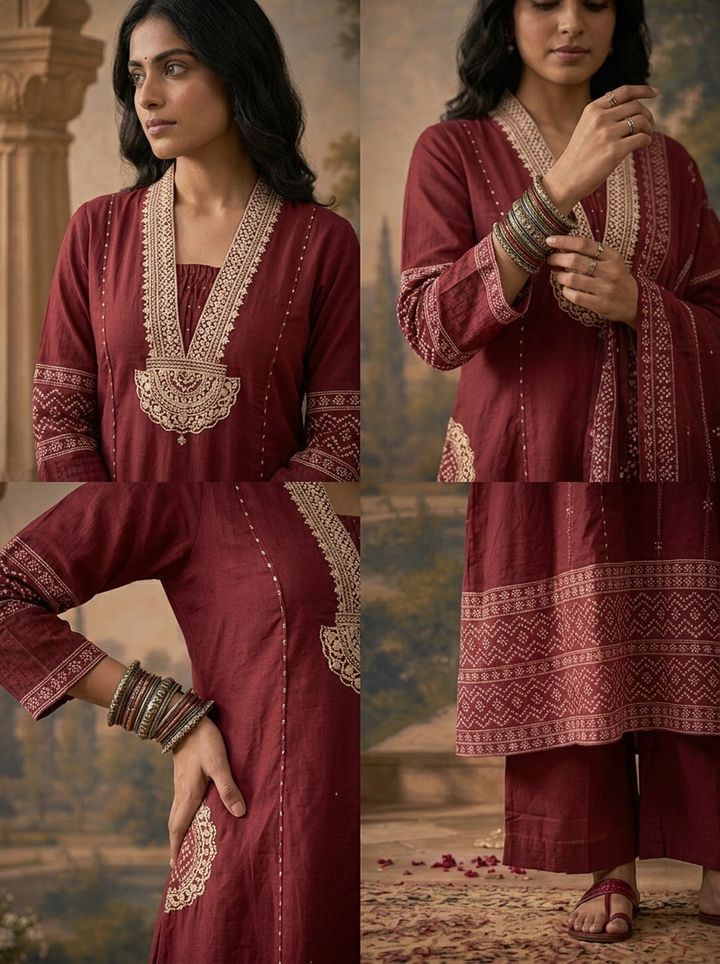 Wine Cotton Solid With Bandhani Printed Three Piece Set