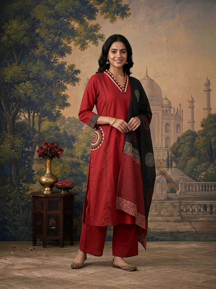 Maroon Cotton Solid With Mandala Embroidered Three Piece Set