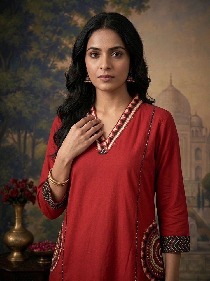 Maroon Cotton Solid With Mandala Embroidered Three Piece Set