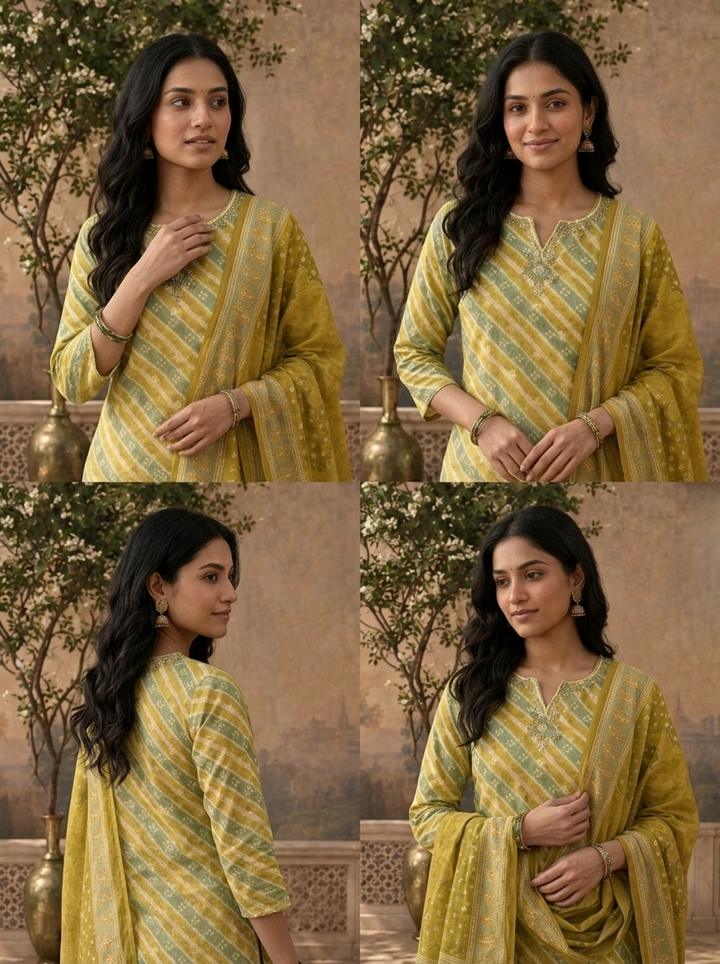 Mustard Green Silk Leheriya Striped Printed Three Piece Set