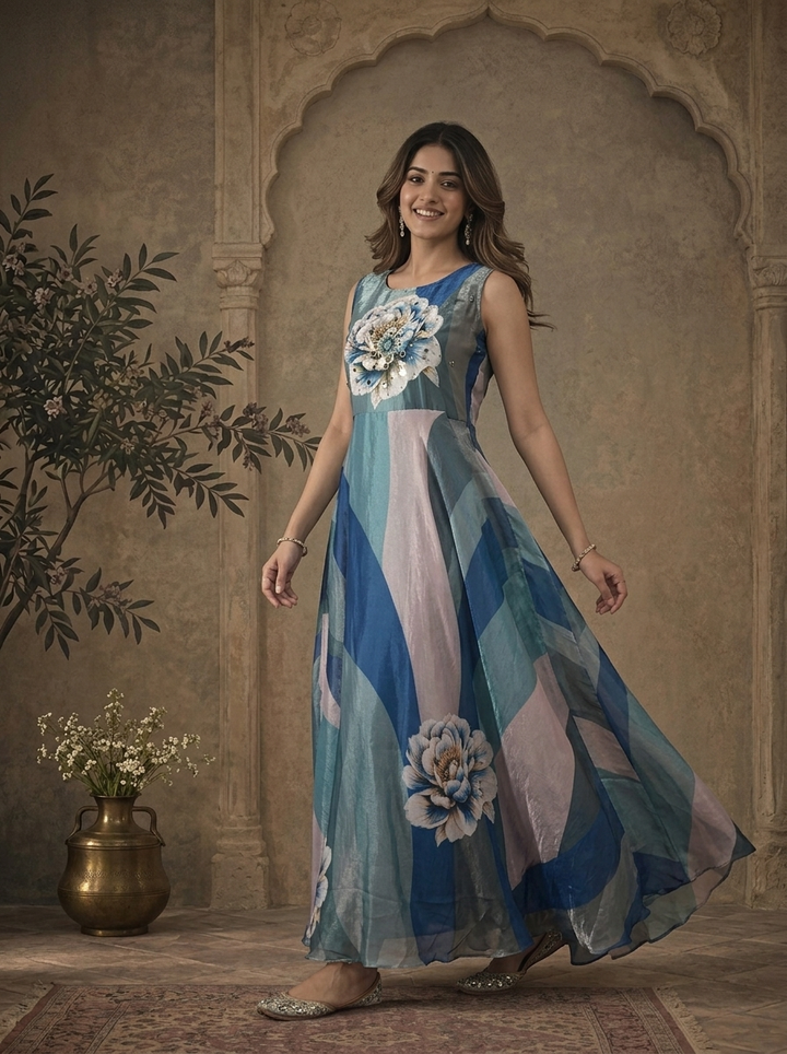 Aqua Tissue Geometric Curved Stripe Large Peony Floral Printed Dress