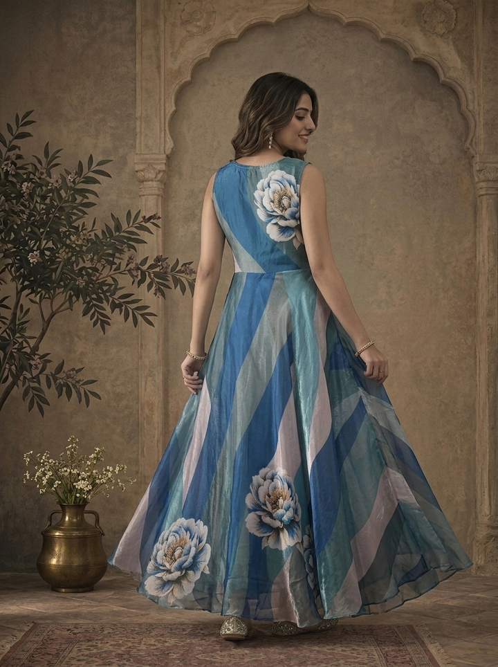 Aqua Tissue Geometric Curved Stripe Large Peony Floral Printed Dress