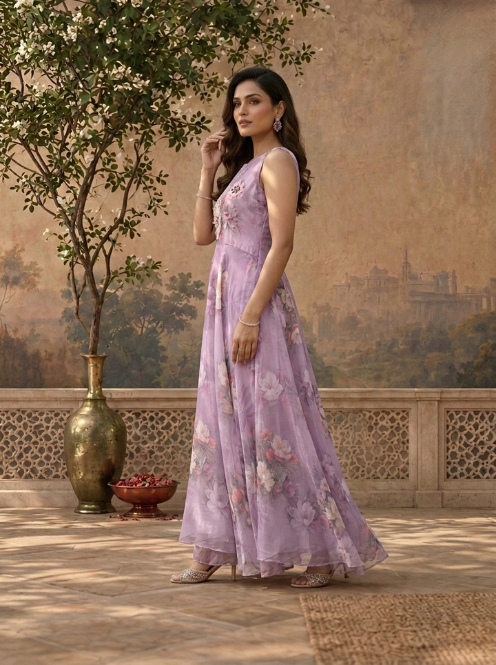 Lilac Chinon Watercolor Floral Printed Dress