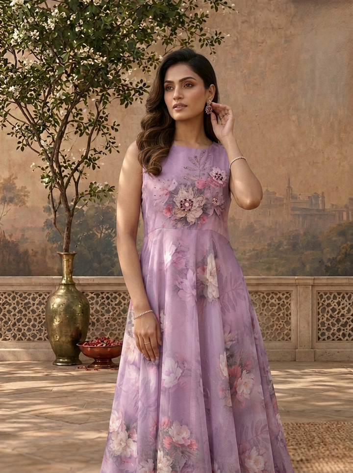 Lilac Chinon Watercolor Floral Printed Dress