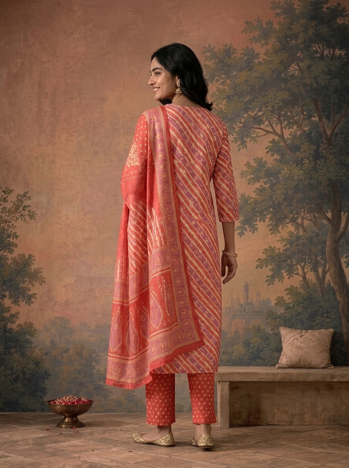 Coral Silk Leheriya Striped Printed Three Piece Set
