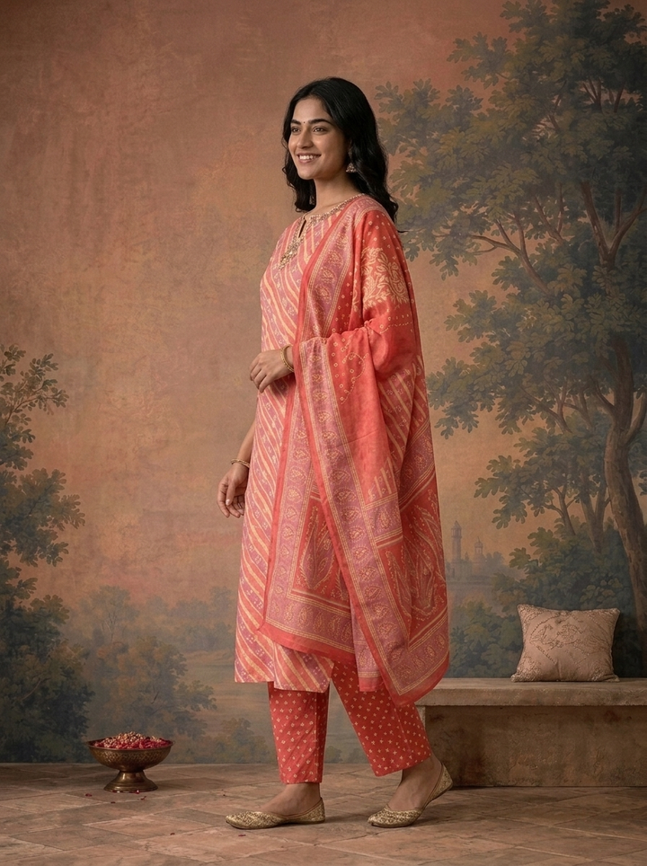 Coral Silk Leheriya Striped Printed Three Piece Set