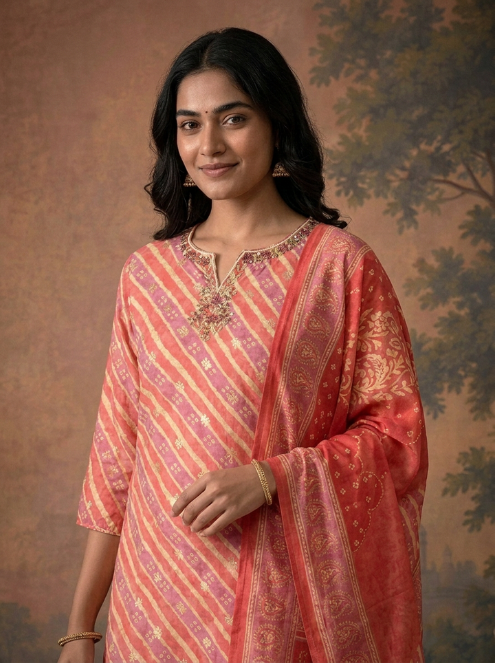 Coral Silk Leheriya Striped Printed Three Piece Set