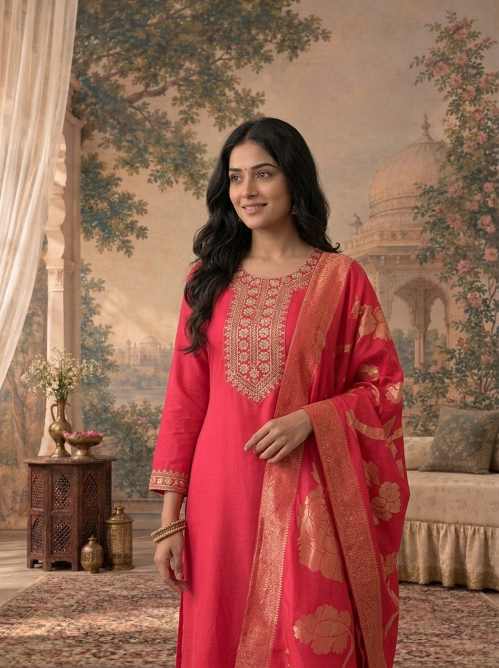 Rani Silk Solid With Stone Embroidered Three Piece Set