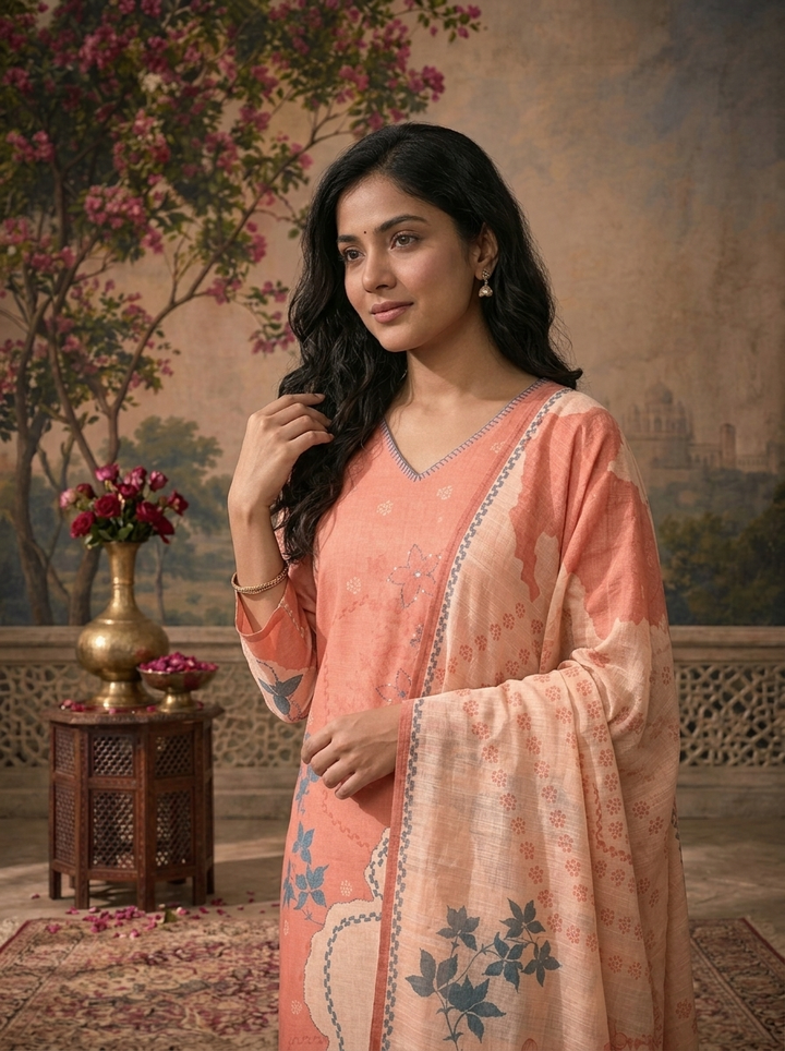 Peach Linen Floral Abstract Printed Three Piece Set