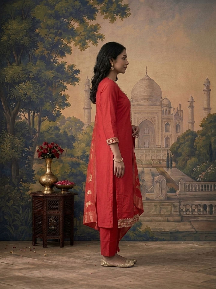 Maroon Silk Solid With Stone Embroidered Three Piece Set