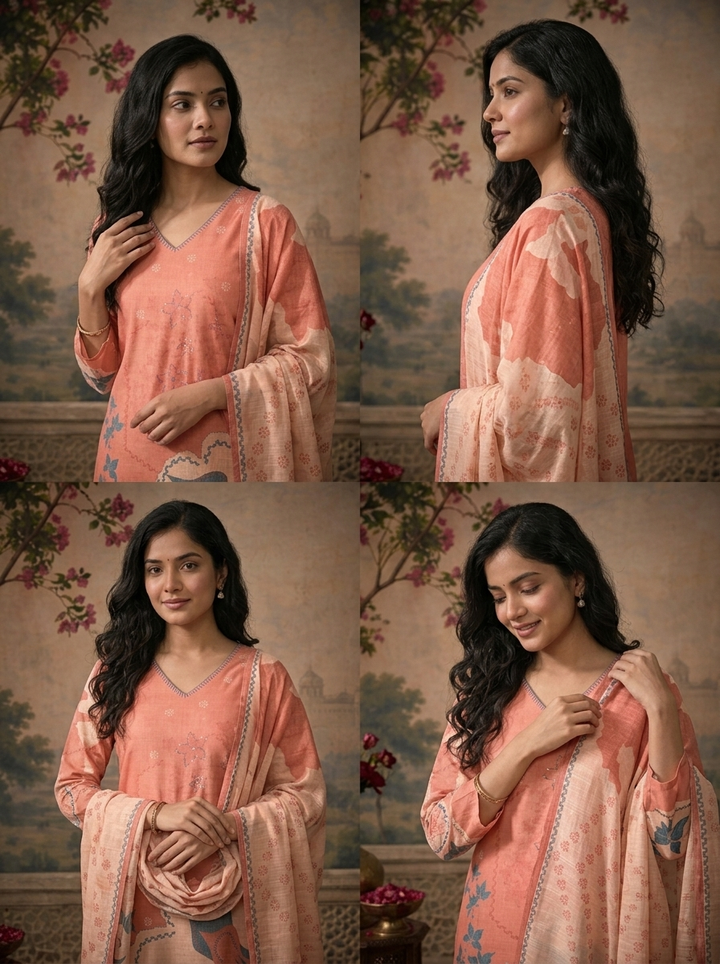 Peach Linen Floral Abstract Printed Three Piece Set