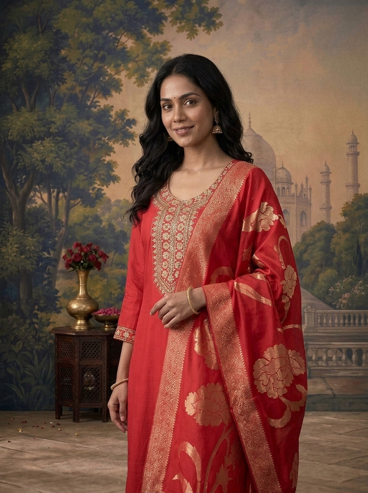 Maroon Silk Solid With Stone Embroidered Three Piece Set