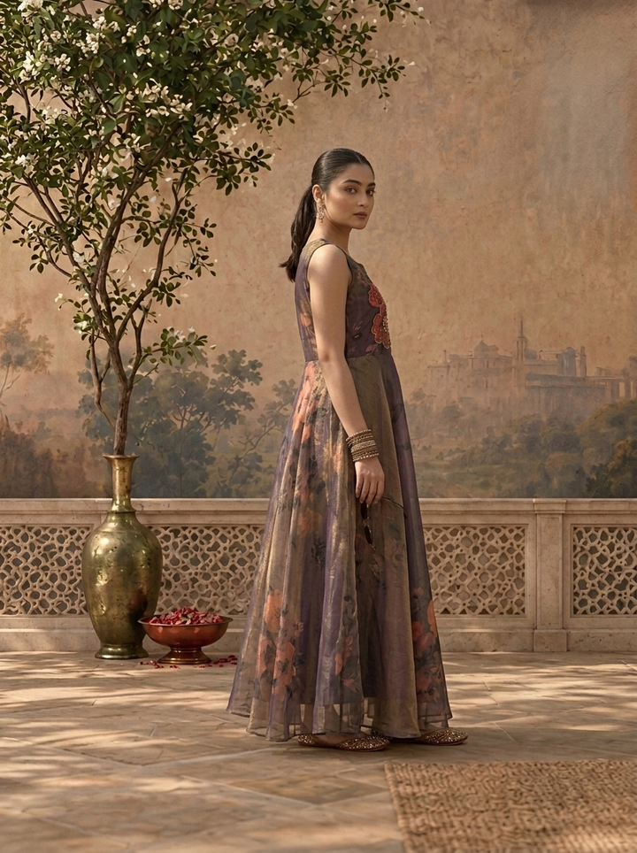 Purple Tissue Floral Printed Long Dress