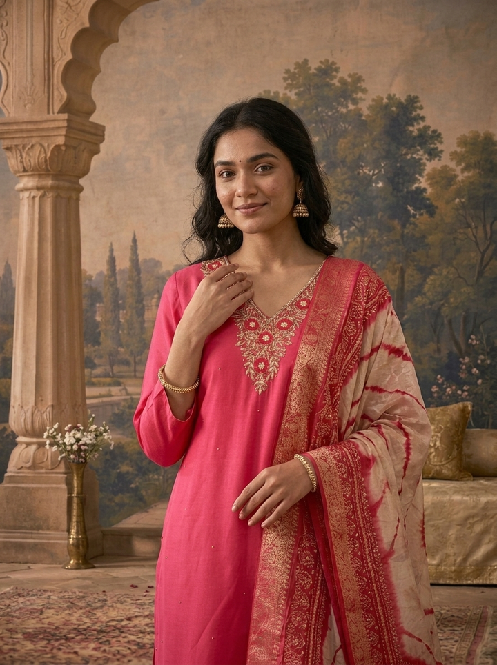 Rani Pink Muslin Solid With Embroidered Three Piece Set