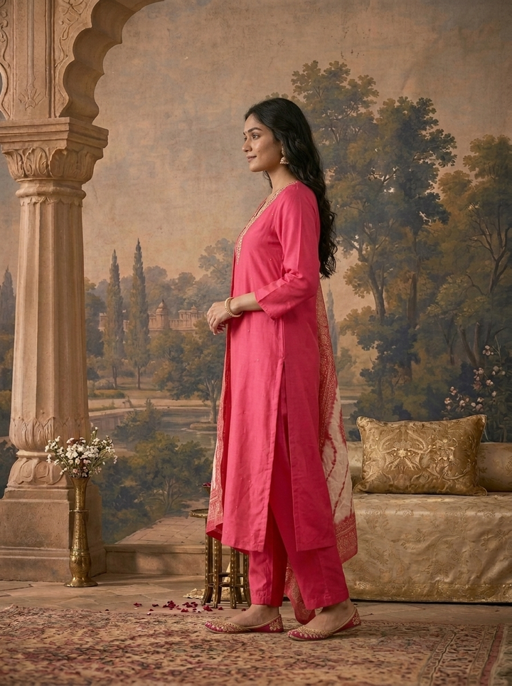 Rani Pink Muslin Solid With Embroidered Three Piece Set