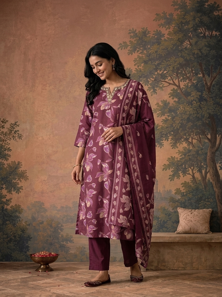 Wine Silk Floral Bloom Printed Three Piece Set
