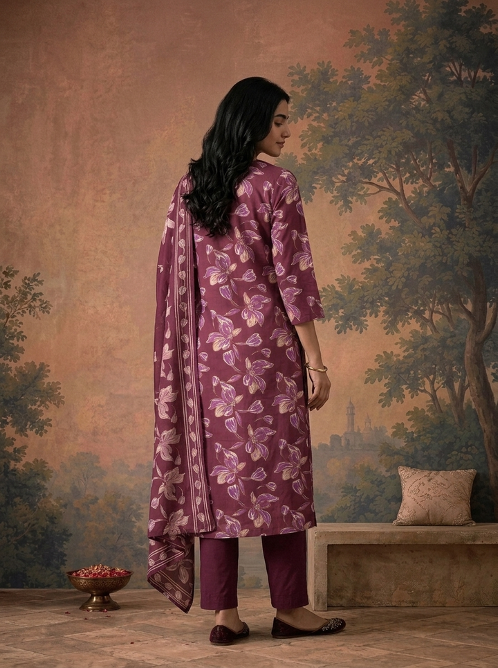 Wine Silk Floral Bloom Printed Three Piece Set