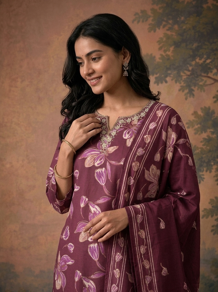 Wine Silk Floral Bloom Printed Three Piece Set