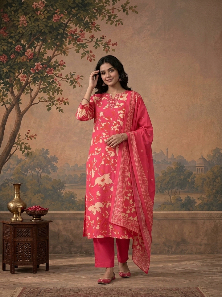 Magenta Silk Floral Vine Printed Three Piece Set