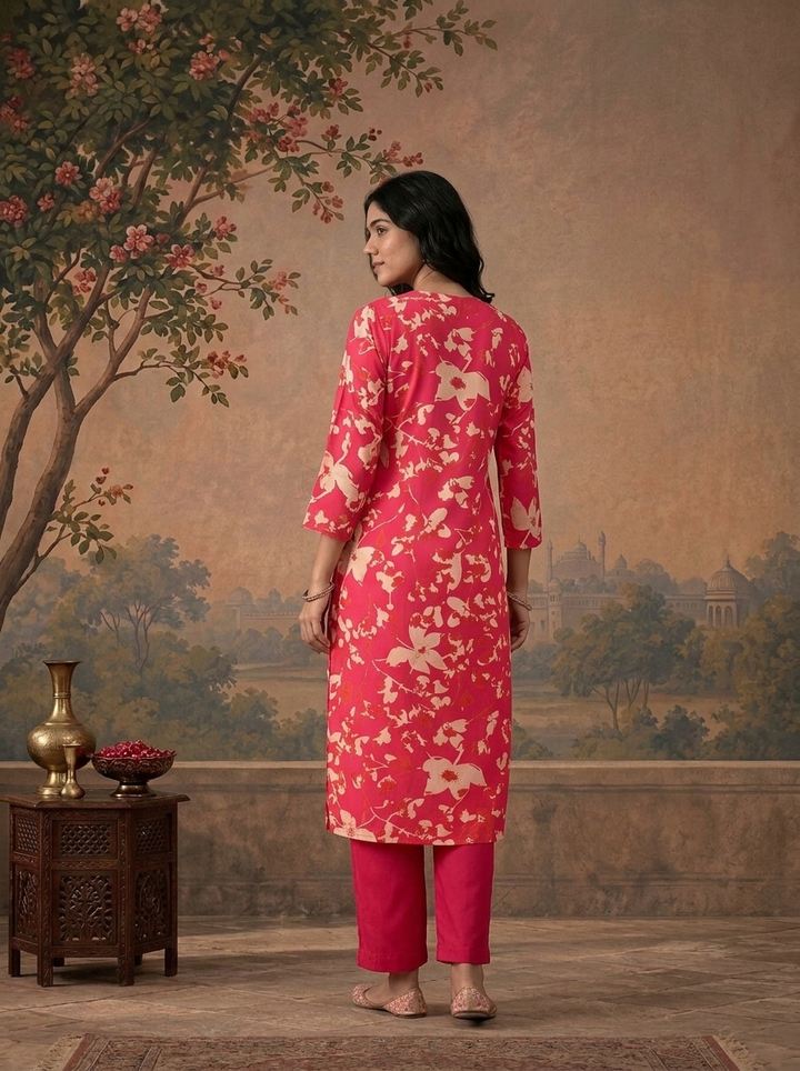 Magenta Silk Floral Vine Printed Three Piece Set