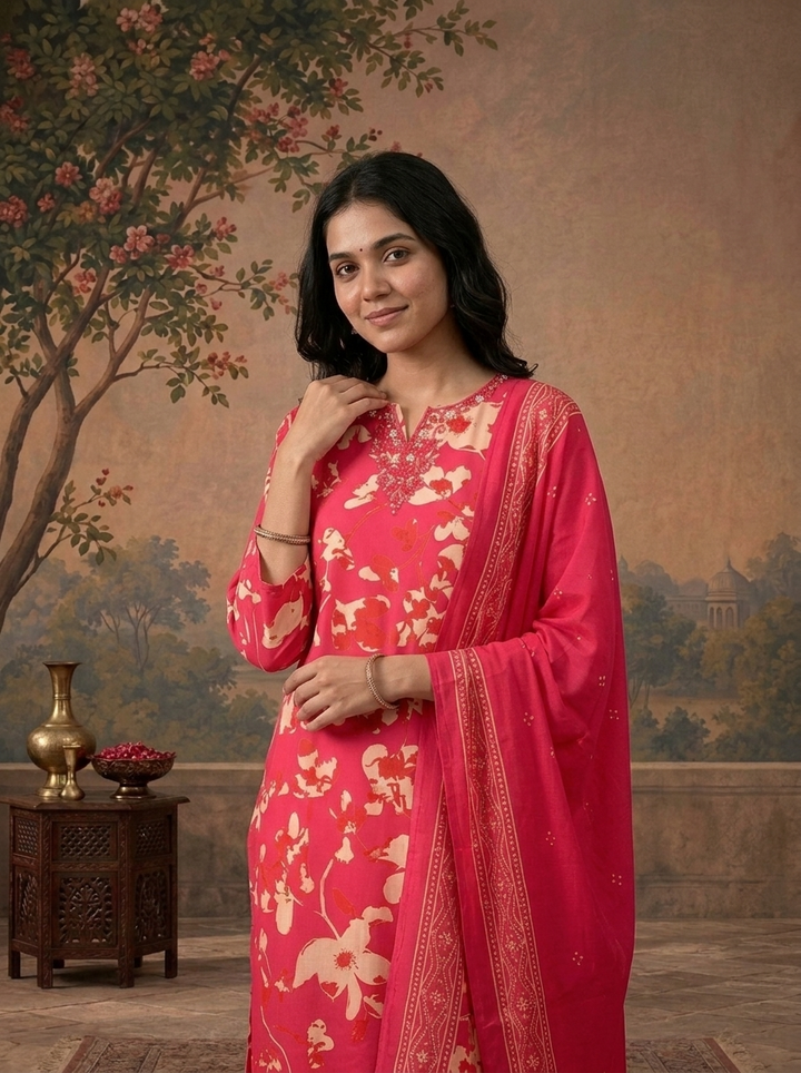 Magenta Silk Floral Vine Printed Three Piece Set