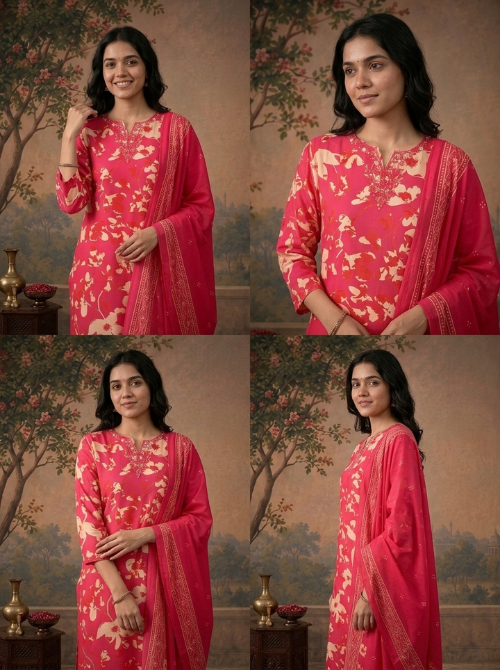 Magenta Silk Floral Vine Printed Three Piece Set