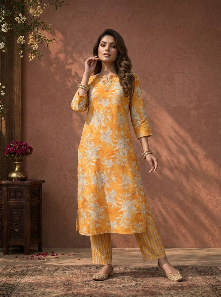 Mustard Silk Lilly Floral Vine Printed Three Piece Set