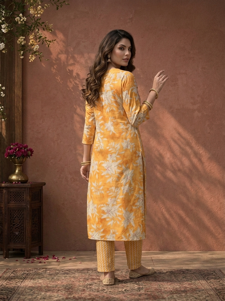 Mustard Silk Lilly Floral Vine Printed Three Piece Set